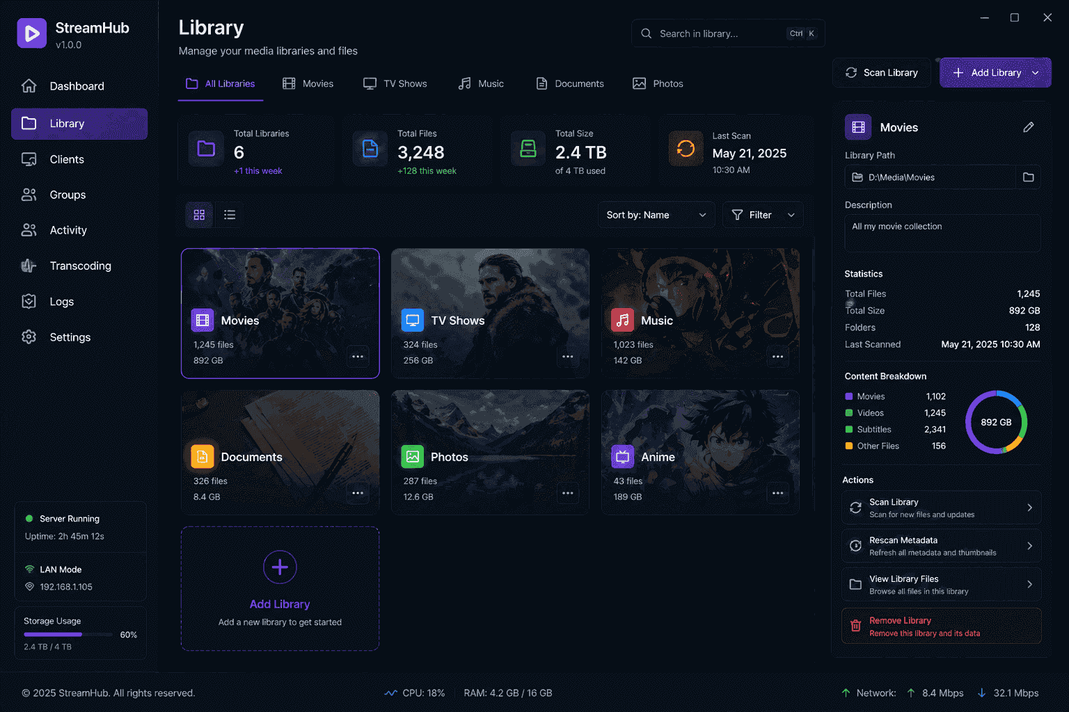 Fluxora desktop library management — TMDB-enriched media browser