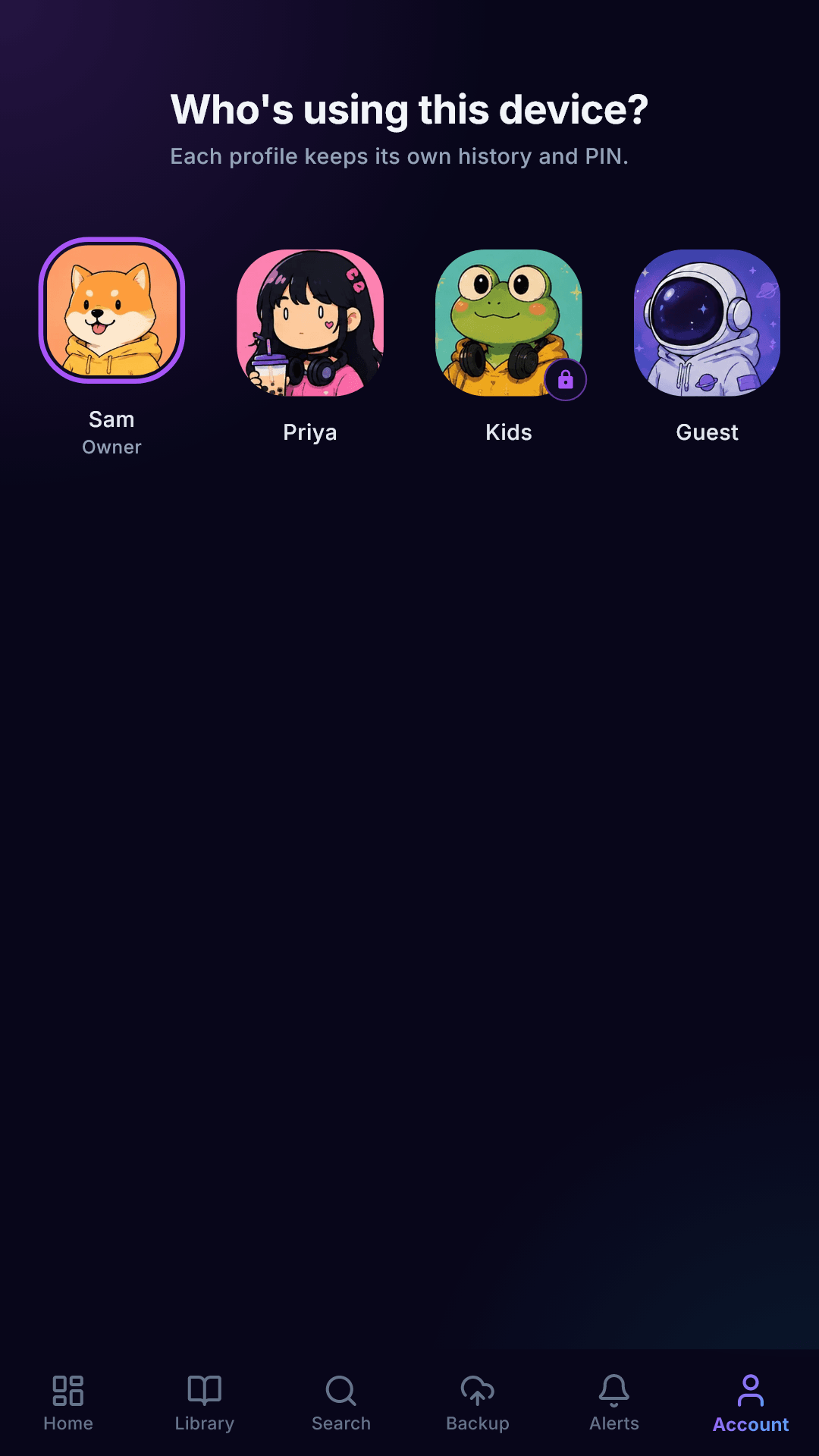 Choosing who is watching on a phone — a profile for each person, one locked with a PIN