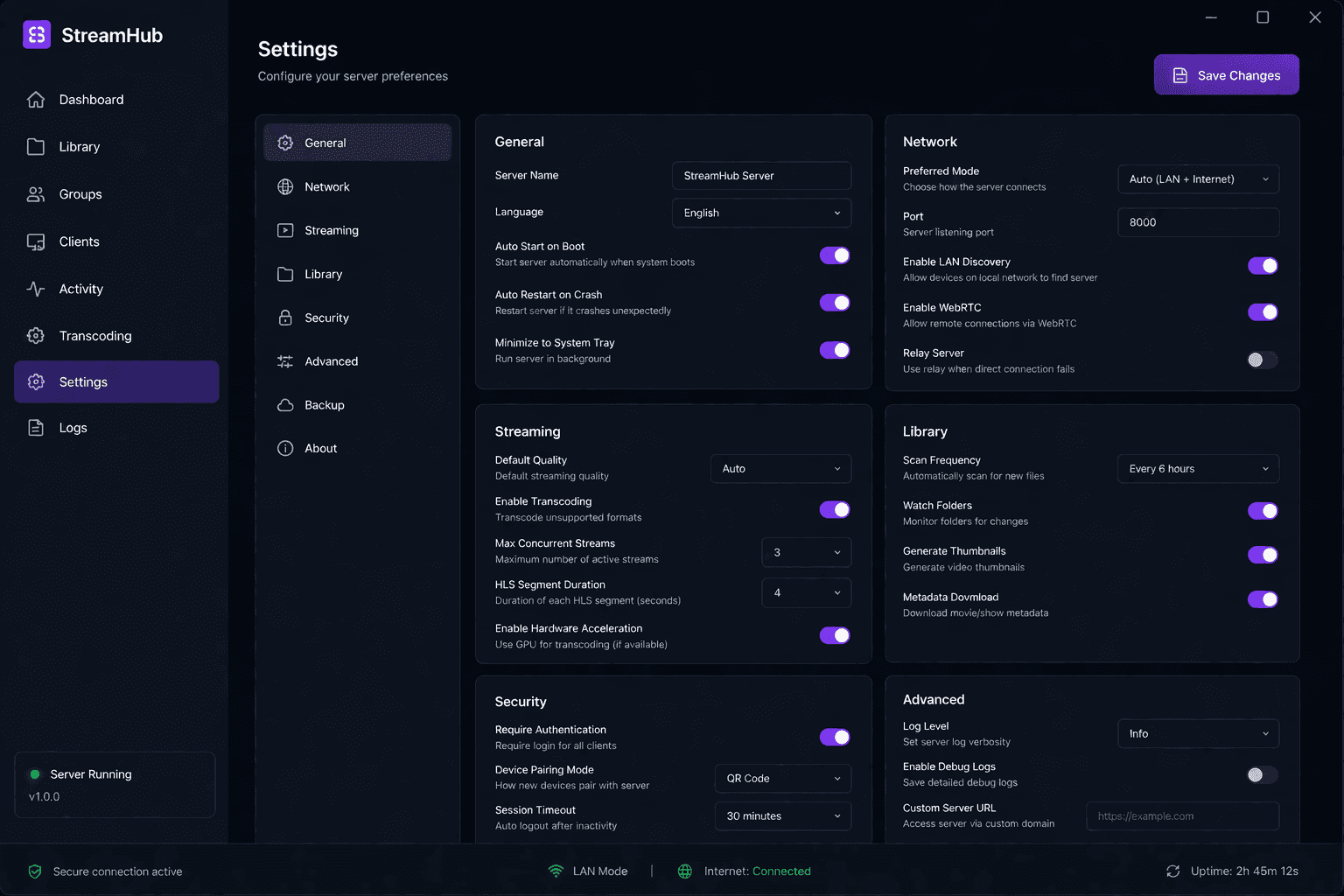 Fluxora desktop settings — network, streaming, and security configuration