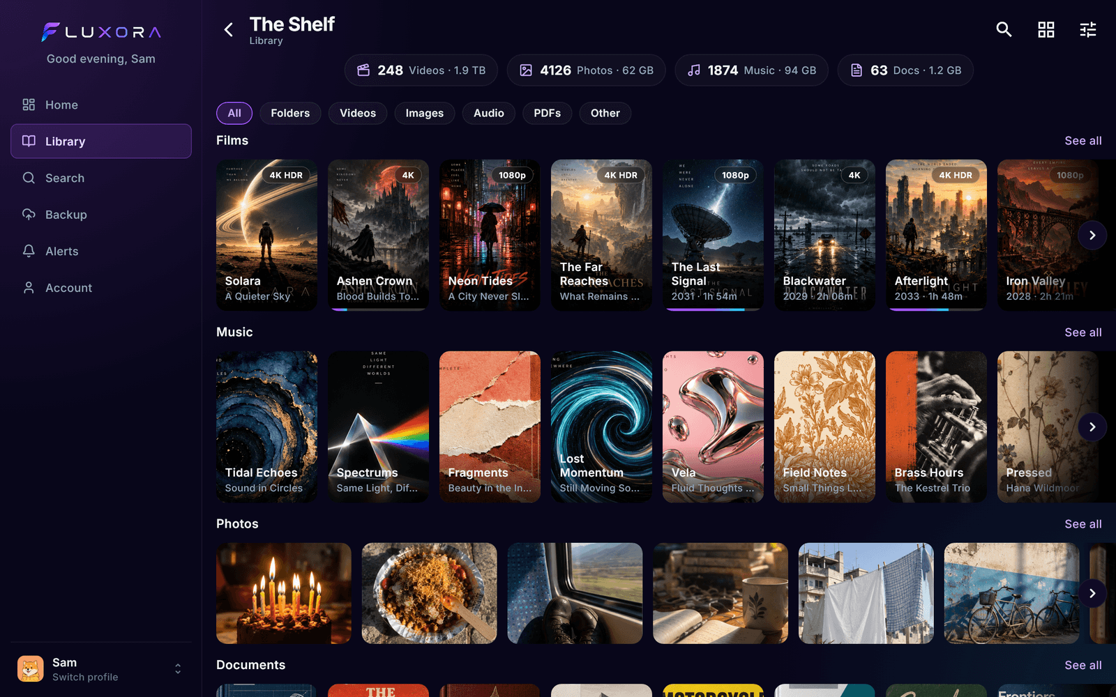 The library on a tablet: films, music, photos and documents
